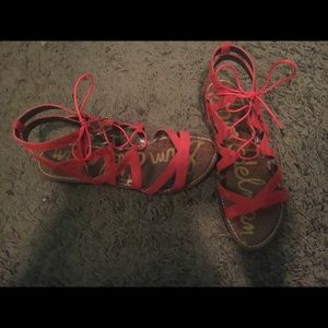 Sam Edelman suede blood-orange tie up sandals.